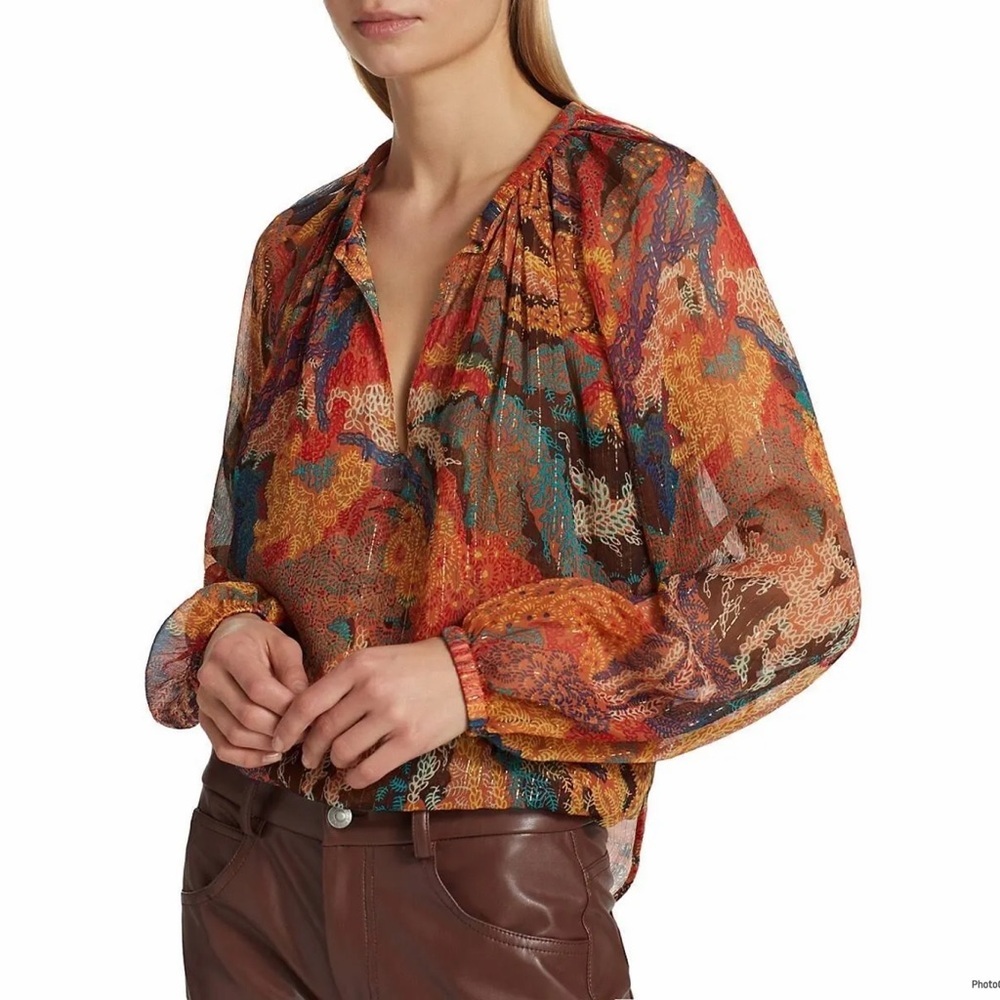 A.L.C. Top Women’s Multicolor Print Blouse Long Sleeve V-Neck $395 Size 6 - Picture 1 of 9
